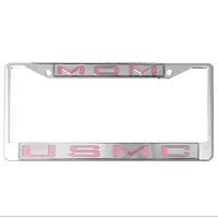 License Plate Frame: USMC Mom, Mirrored Inlaid Plastic License Plate Frame