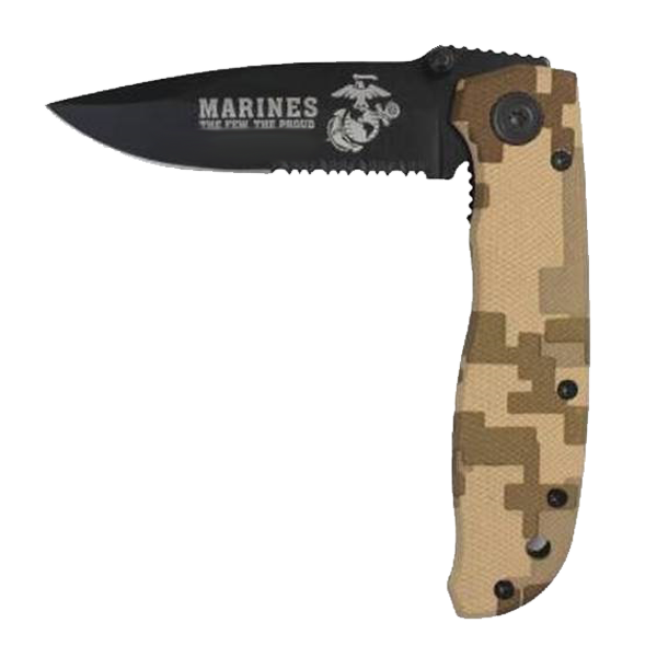 Knife, Folding: Camo w/ Etched EGA Marines